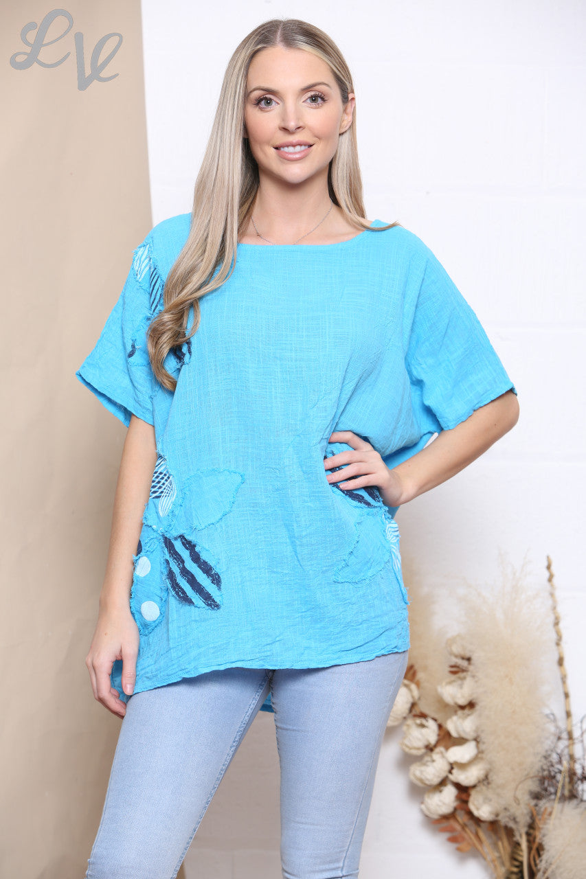 Dames Top Met Bloemenpatchwork Turkoois