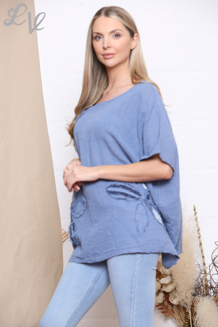 Dames Bloemen Patchwork Top Denim