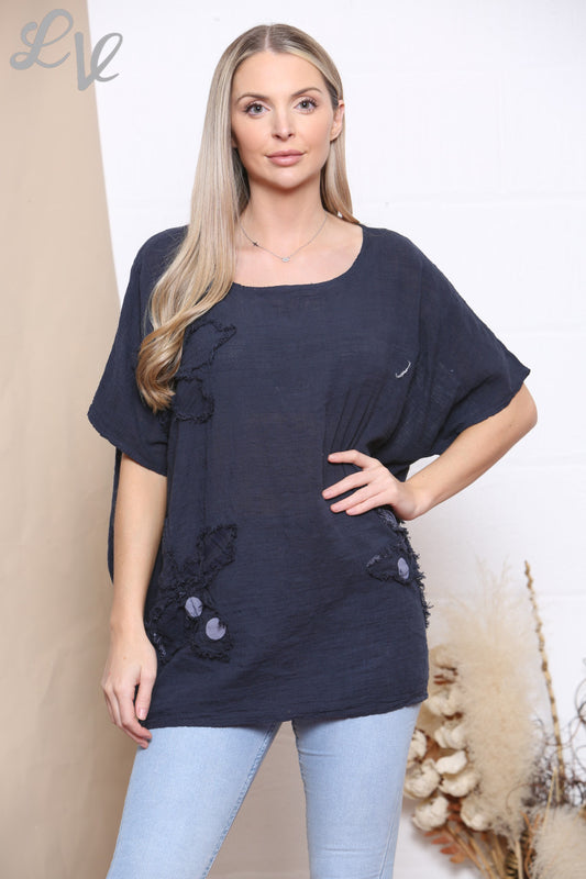 Ladies Floral Patchwork Top Navy