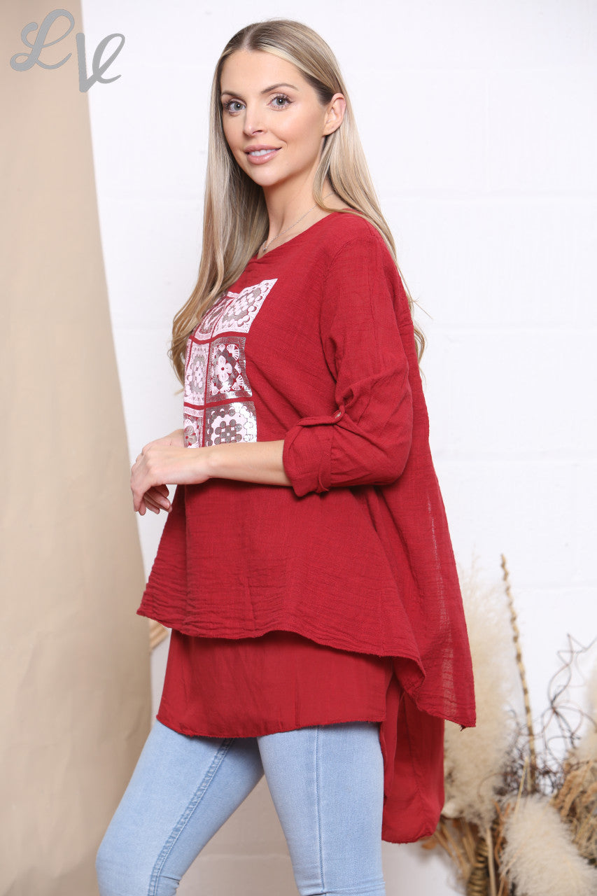 Ladies Mosaic Print Top Red