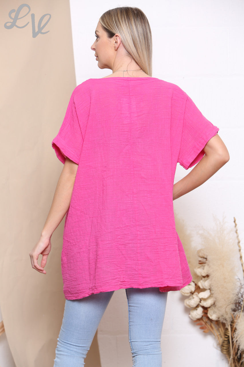 Ladies Patchwork Flowers Hem Top Cerise