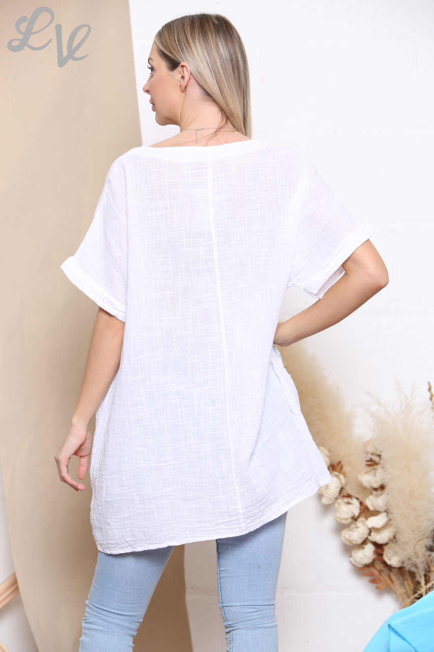 Ladies Patchwork Flowers Hem Top White