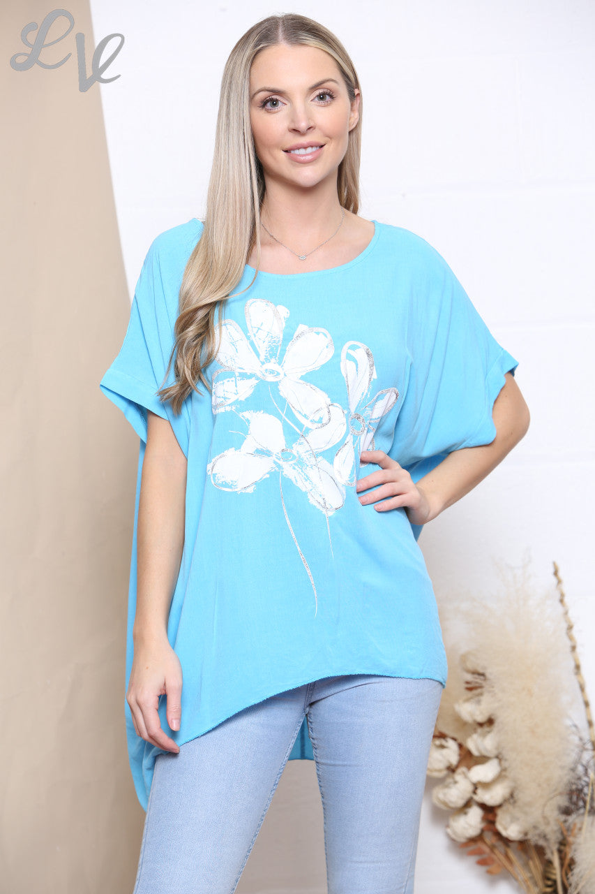 Ladies Foil Flowers Print Top Turquoise