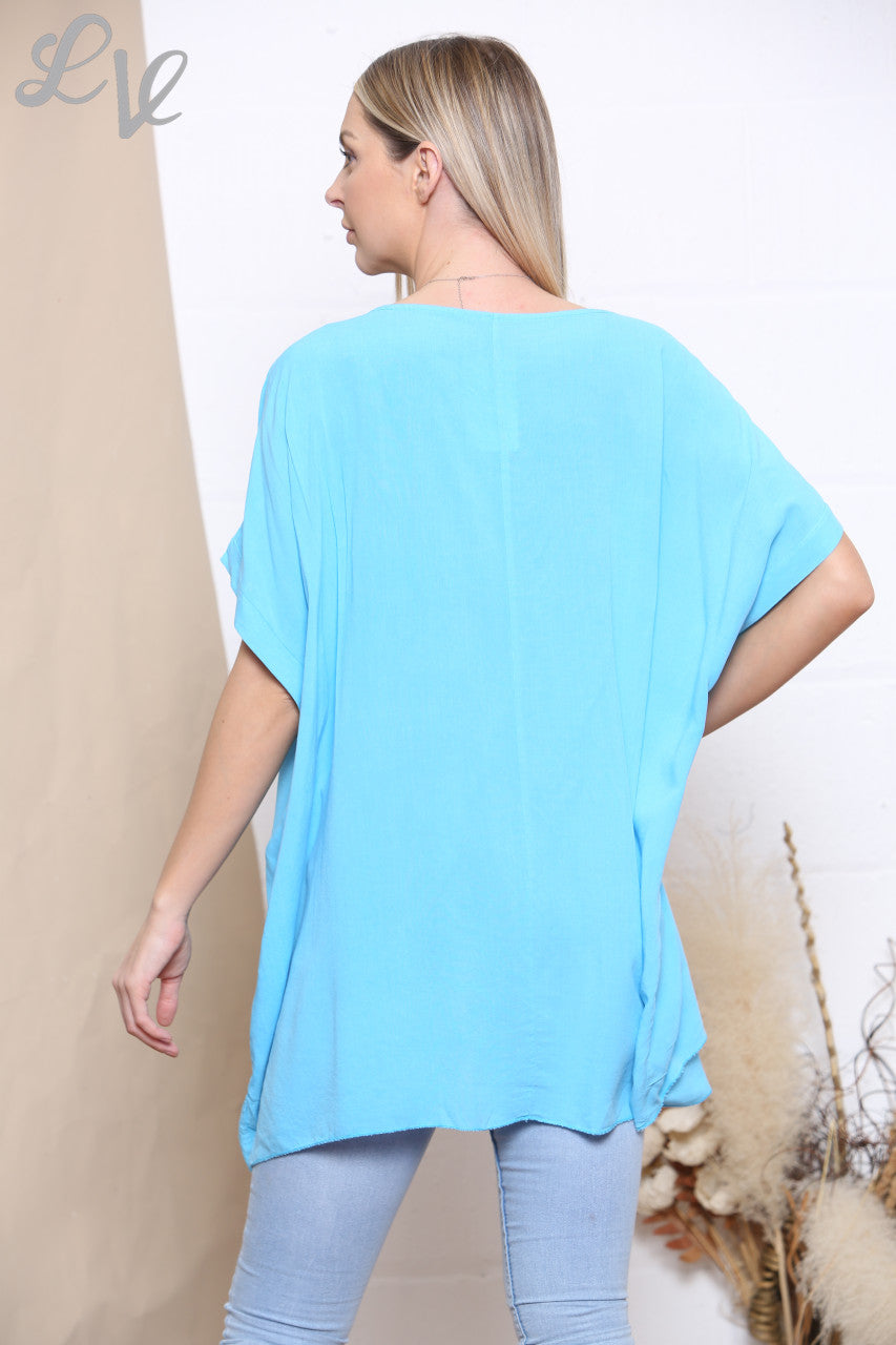 Ladies Foil Flowers Print Top Turquoise