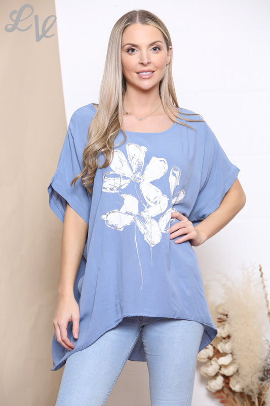 Ladies Foil Flowers Print Top Denim