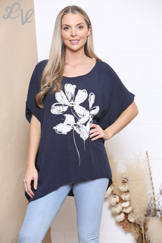 Ladies Foil Flowers Print Top Navy