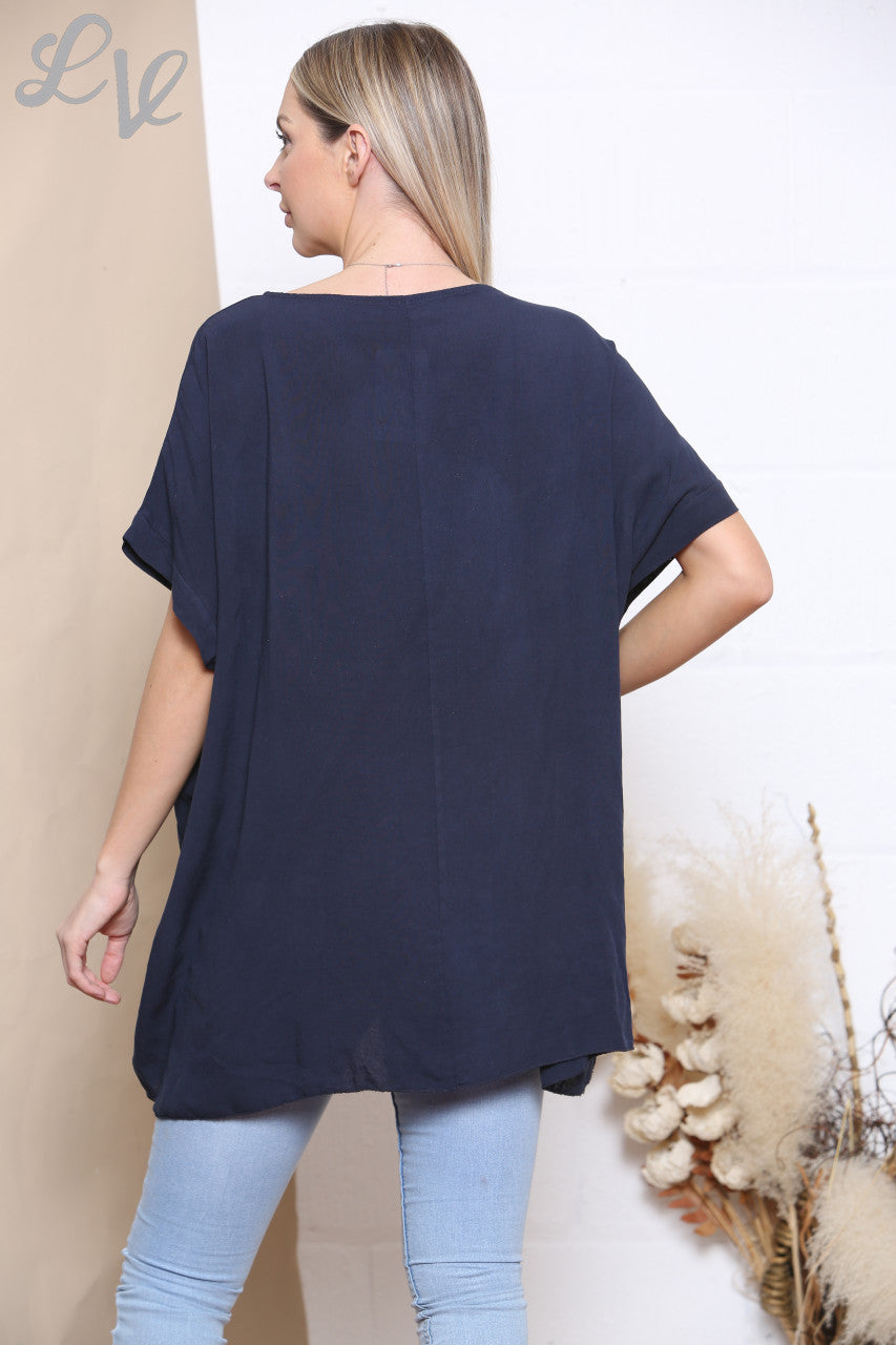 Ladies Foil Flowers Print Top Navy