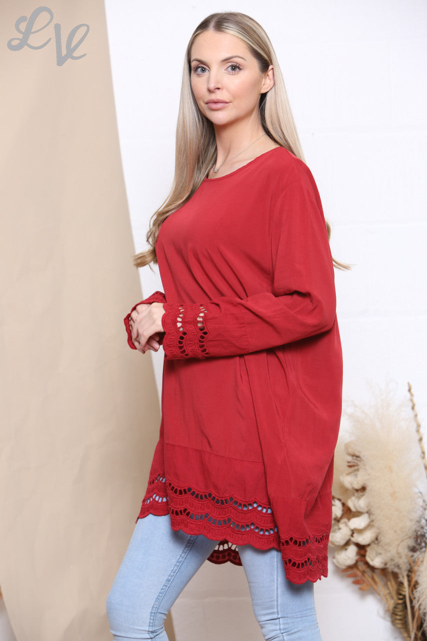 Dames Top met Kanten Zoom en Mouwen Rood