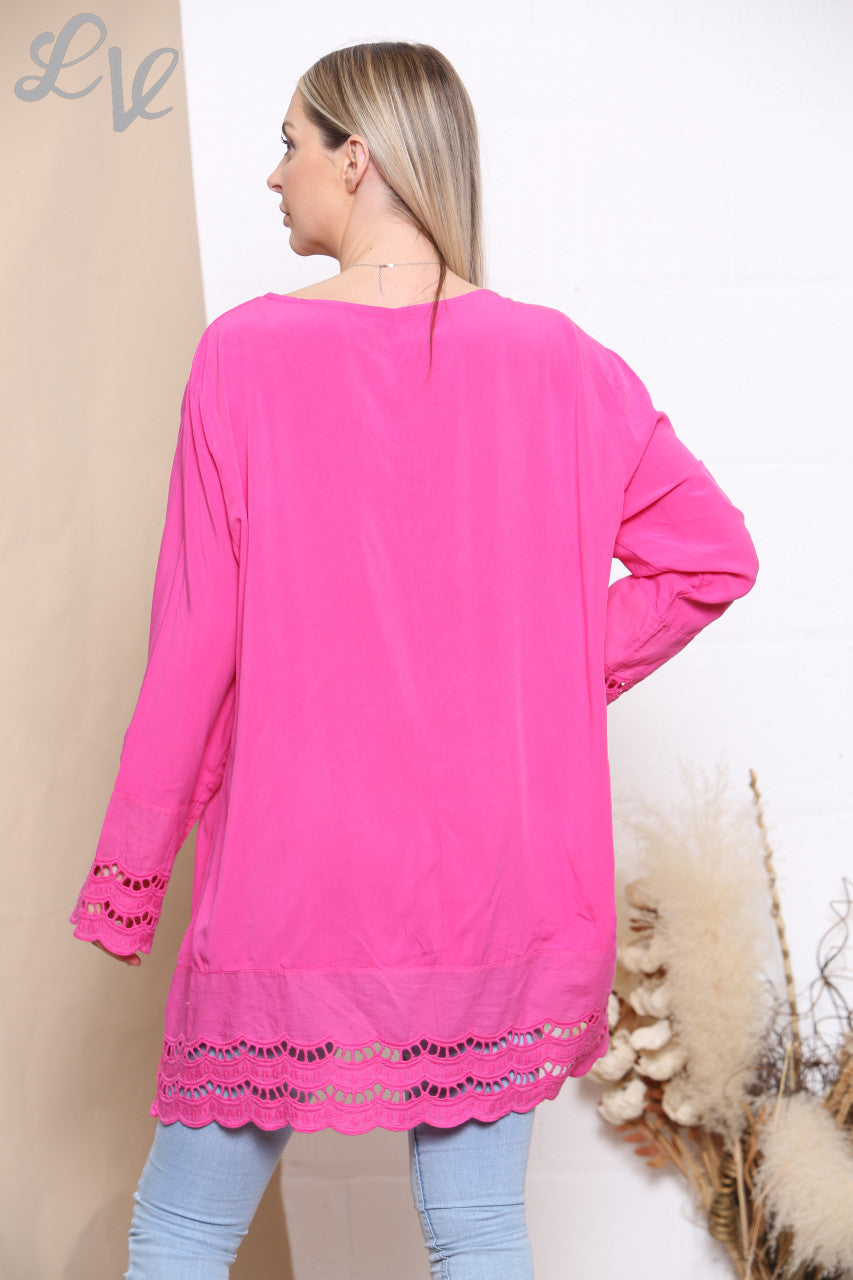 Ladies Lace Hem Bottom & Sleeves Top Cerise