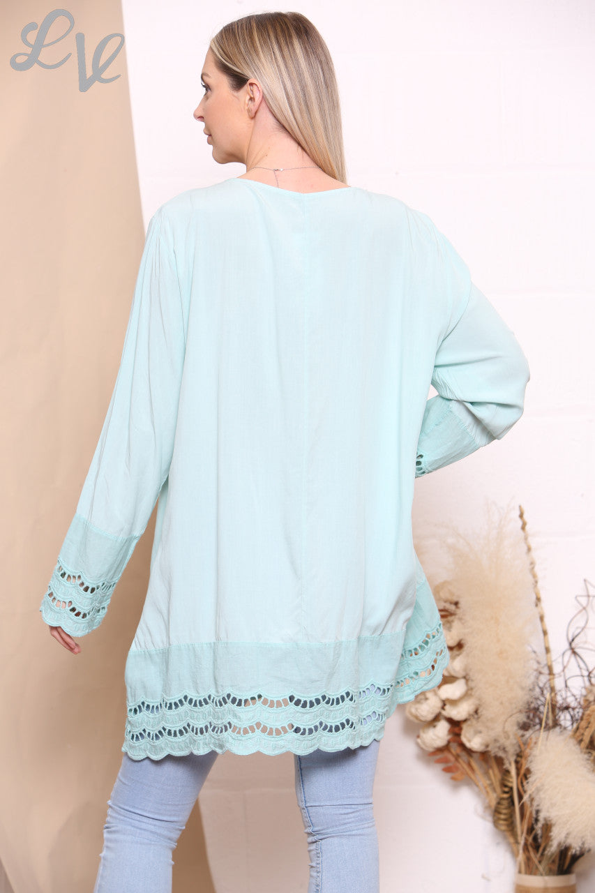 Ladies Lace Hem Bottom & Sleeves Top Sky Blue