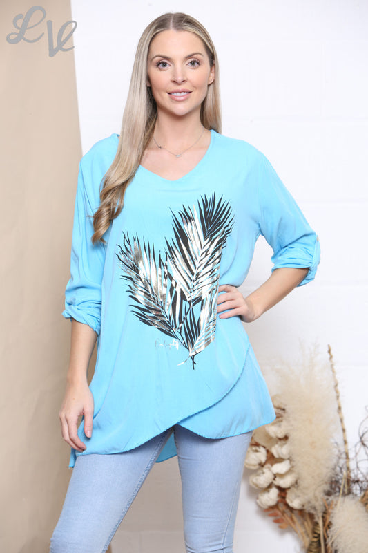 Ladies Foil Leaf Print Top Turquoise