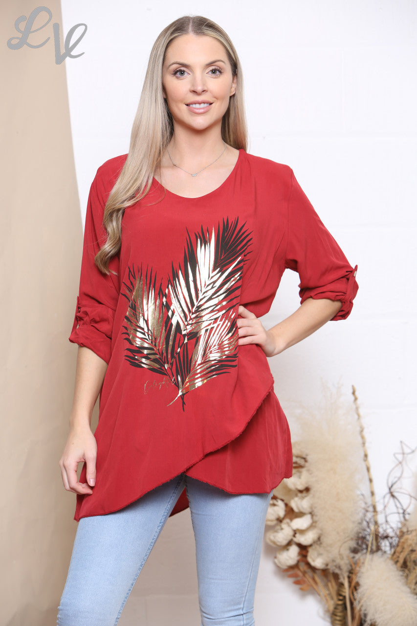 Dames top met foliebladprint rood
