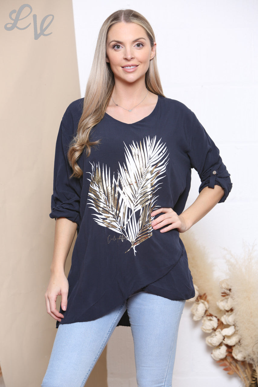 Damesfolie Bladprint Top Marineblauw