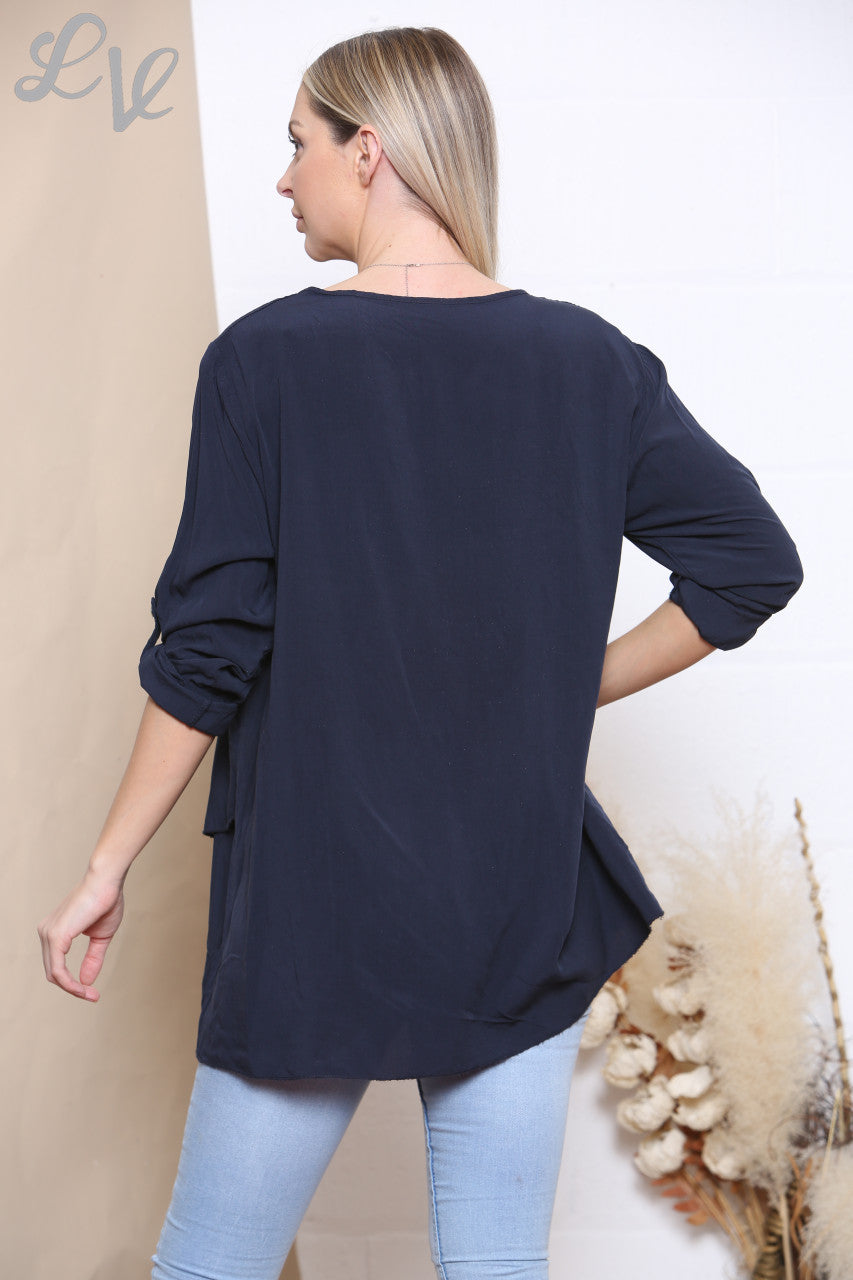 Damesfolie Bladprint Top Marineblauw