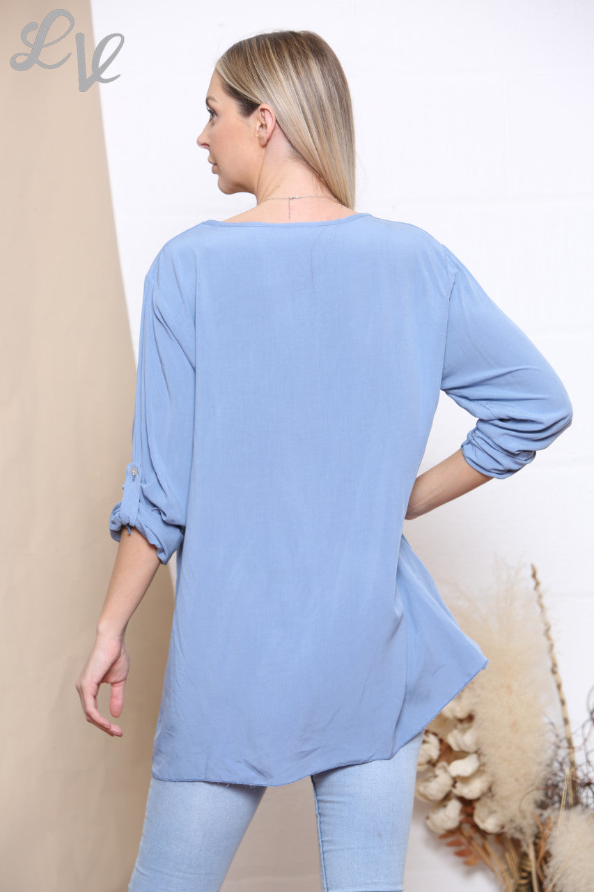 Ladies Foil Leaf Print Top Denim