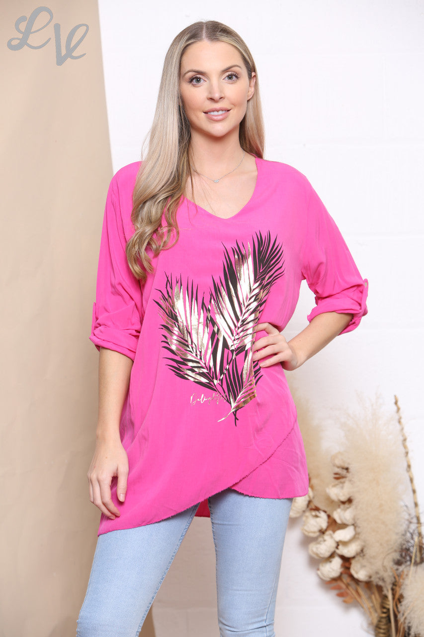 Dames Folie Bladprint Top Cerise