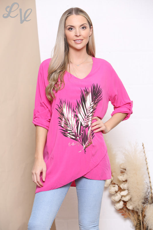 Ladies Foil Leaf Print Top Cerise