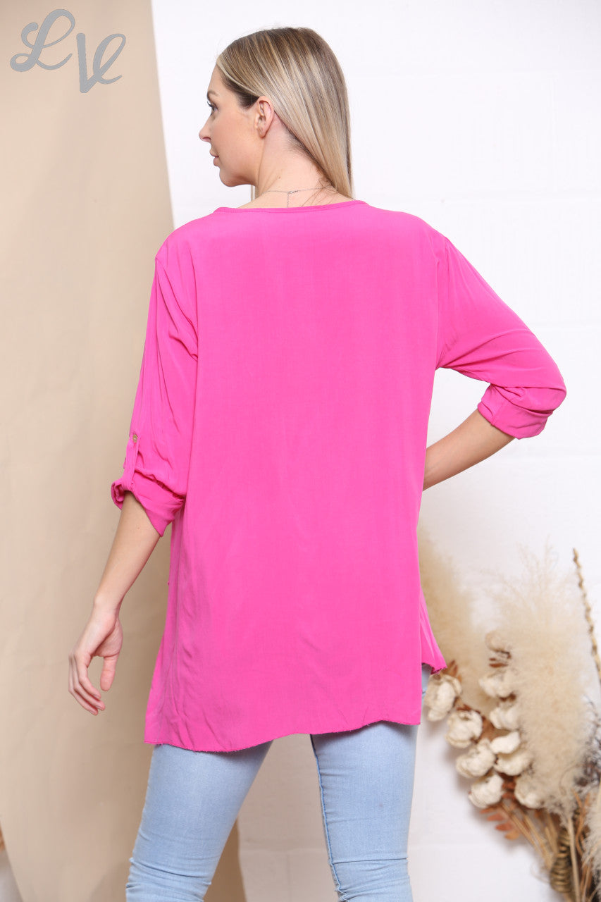 Dames Folie Bladprint Top Cerise