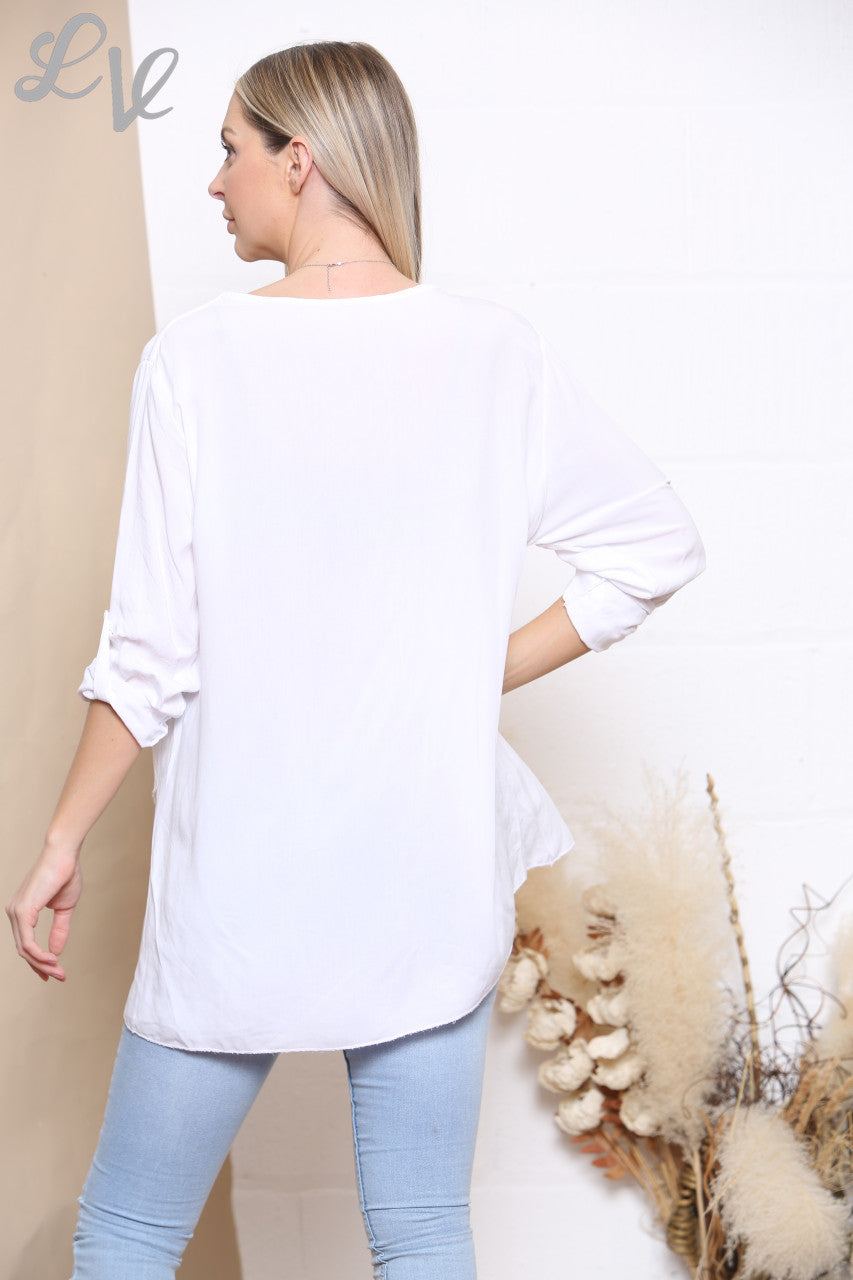 Ladies Foil Leaf Print Top White