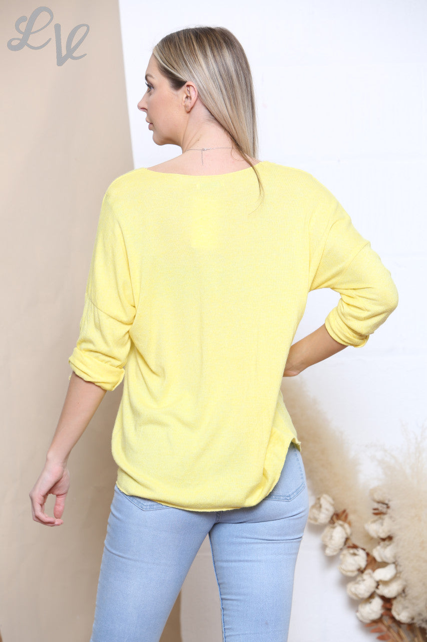 Ladies Dream Catcher Foil Print Fine Knit Jumper Top Lemon