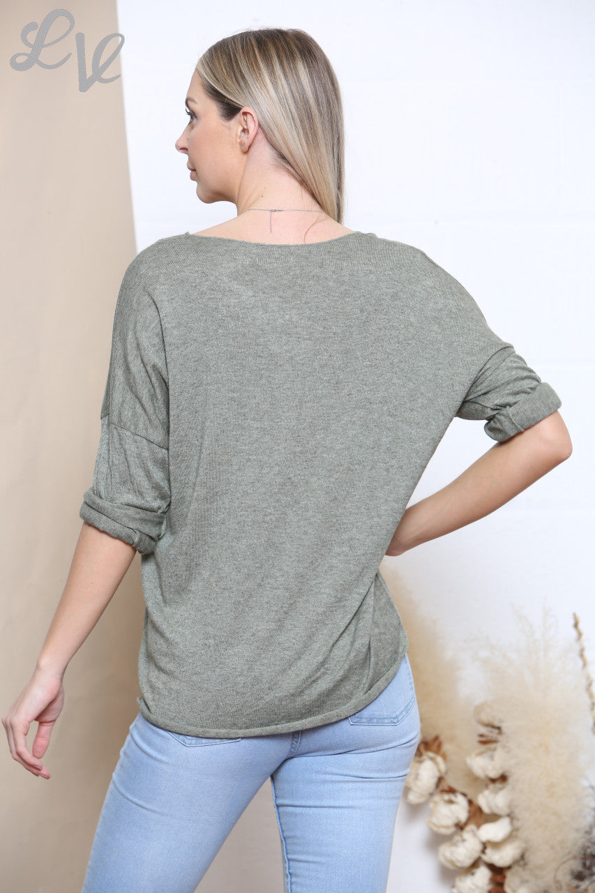 Ladies Dream Catcher Foil Print Fine Knit Jumper Top Khaki