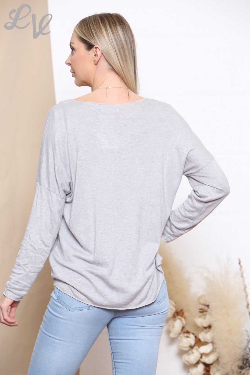 Ladies Dream Catcher Foil Print Fine Knit Jumper Top Grey