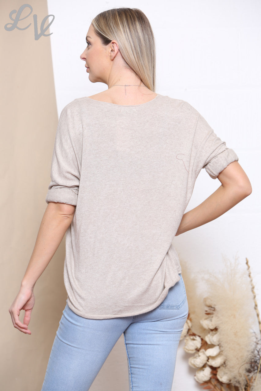 Ladies Dream Catcher Foil Print Fine Knit Jumper Top Stone