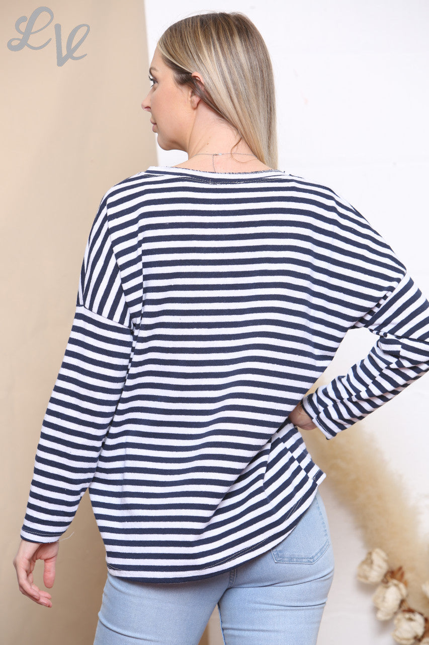 Ladies Stripe Love Foil Print Top Navy