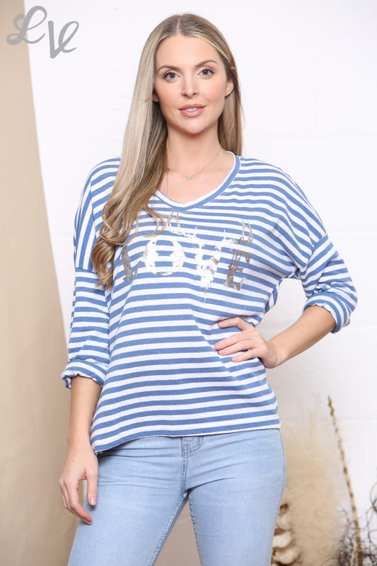 Ladies Stripe Love Foil Print Top Denim