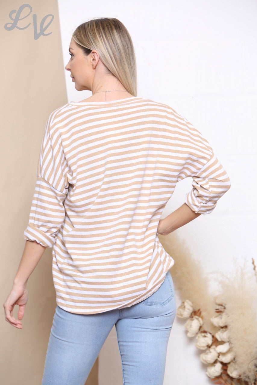 Ladies Stripe Love Foil Print Top Stone