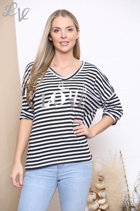 Ladies Stripe Love Foil Print Top Black