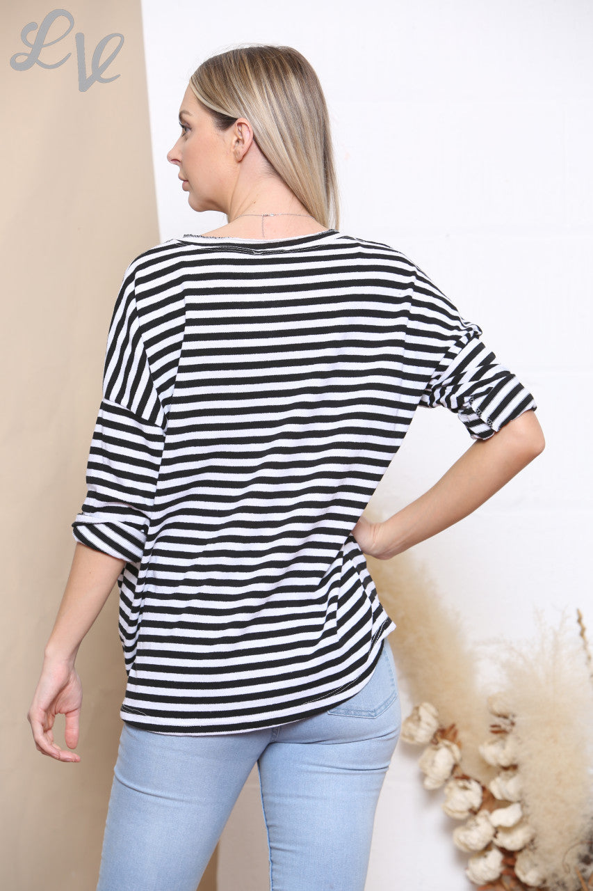 Ladies Stripe Love Foil Print Top Black