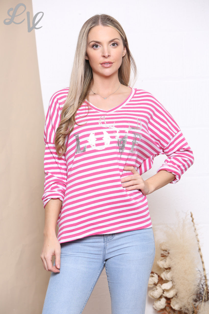 Dames gestreepte top met folieprint en 'Love'-opdruk kersenrood