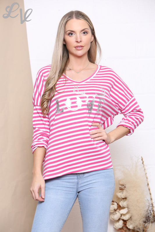 Ladies Stripe Love Foil Print Top Cerise