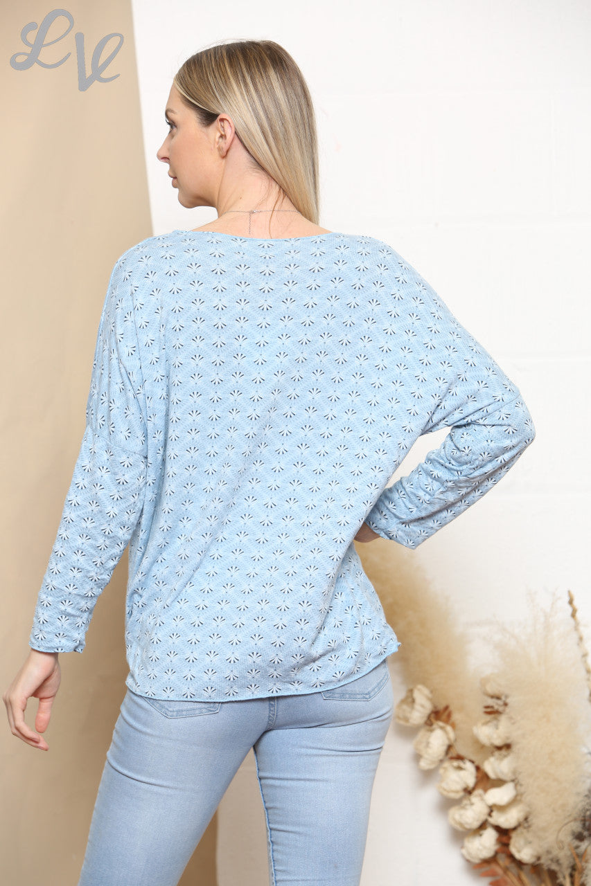 Dames Fijnbredien Gebreide Trui Top met Kleine Bloemenprint Hemelsblauw