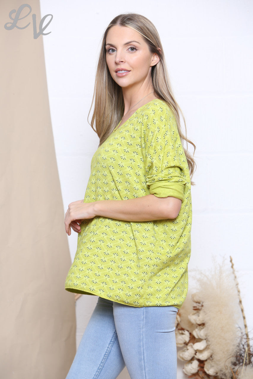 Dames Ditsy Print Fijngebreide Trui Top Lime