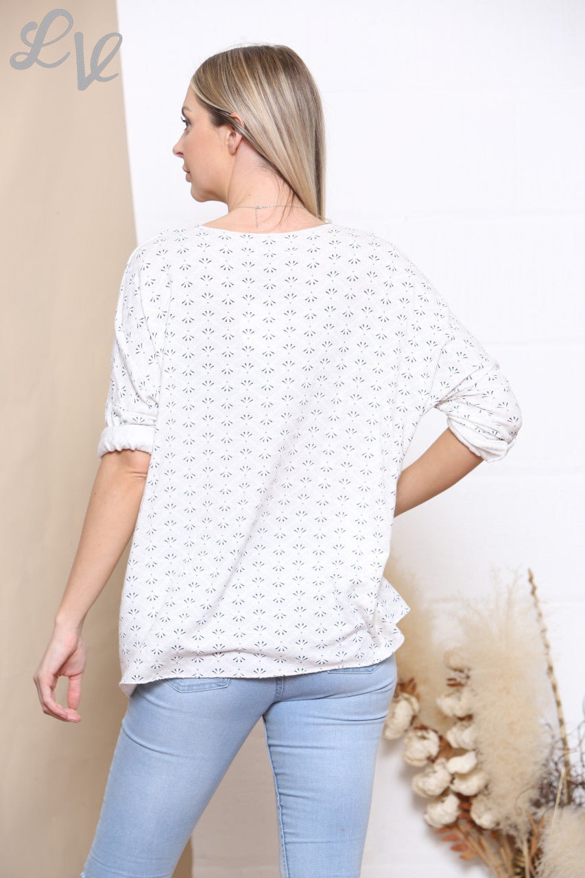 Ladies Ditsy Print Fine Knit Jumper Top White