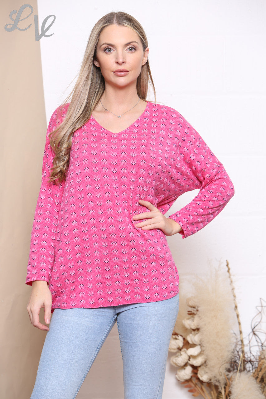 Dames Fijngebreide Trui met Bloemenprint Cerise