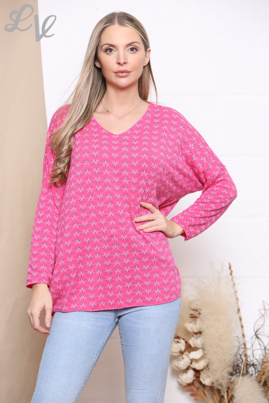 Ladies Ditsy Print Fine Knit Jumper Top Cerise