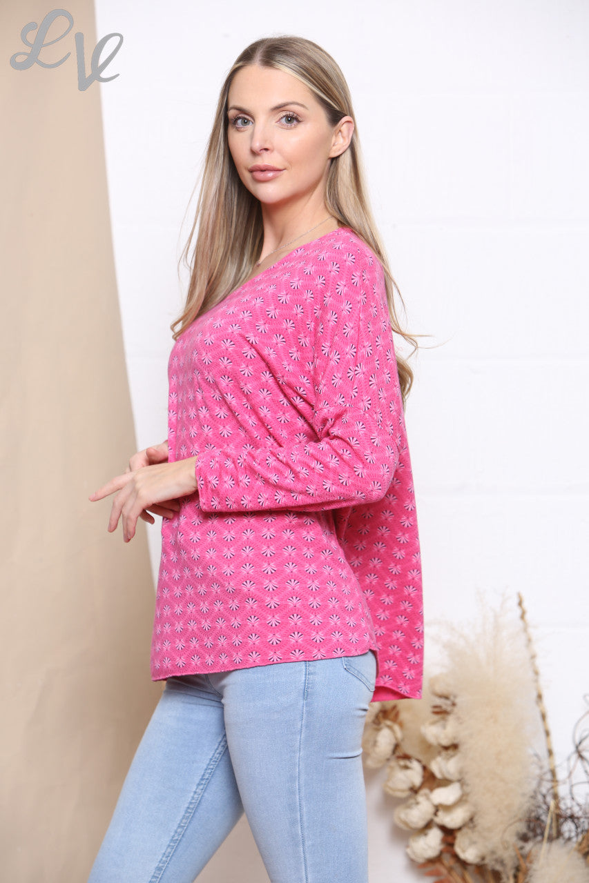 Dames Fijngebreide Trui met Bloemenprint Cerise
