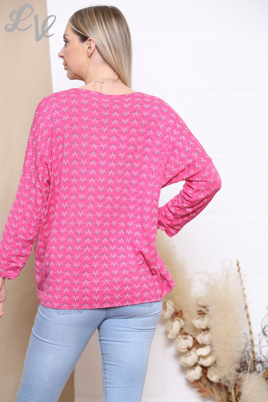 Dames Fijngebreide Trui met Bloemenprint Cerise