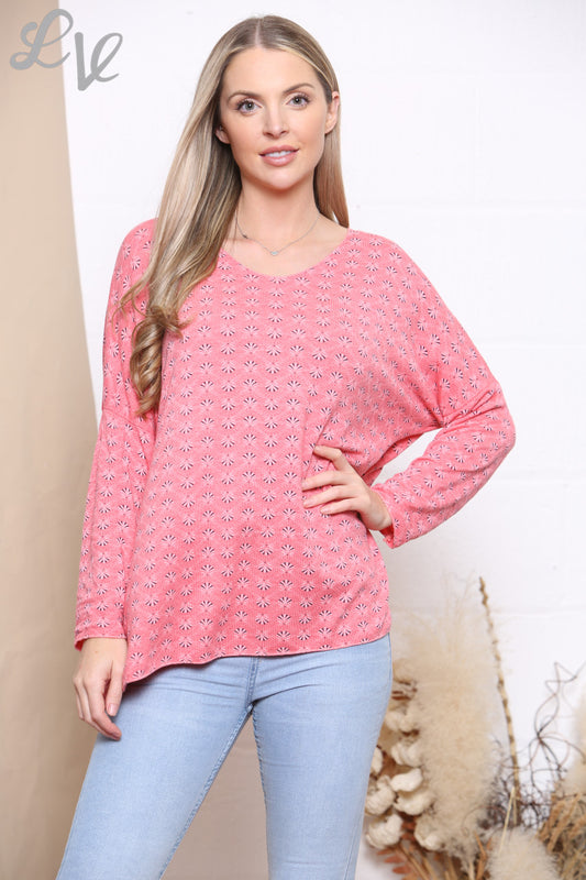 Ladies Ditsy Print Fine Knit Jumper Top Coral