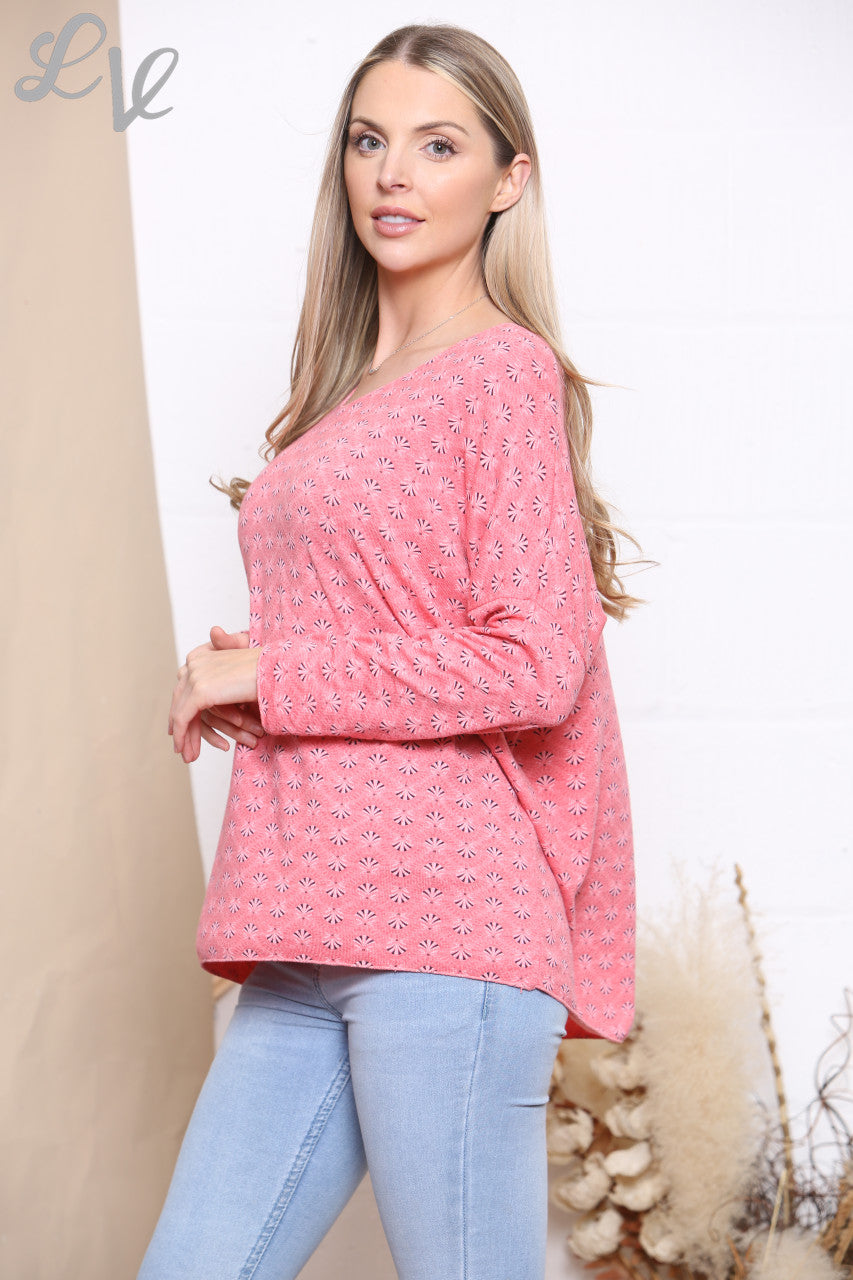 Ladies Ditsy Print Fine Knit Jumper Top Coral