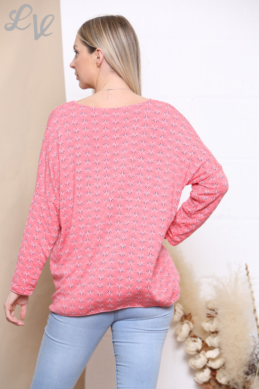 Ladies Ditsy Print Fine Knit Jumper Top Coral