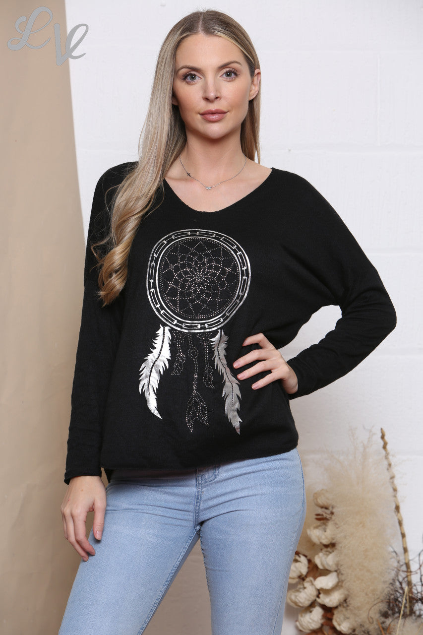 Ladies Dream Catcher Foil Print Fine Knit Jumper Top Black