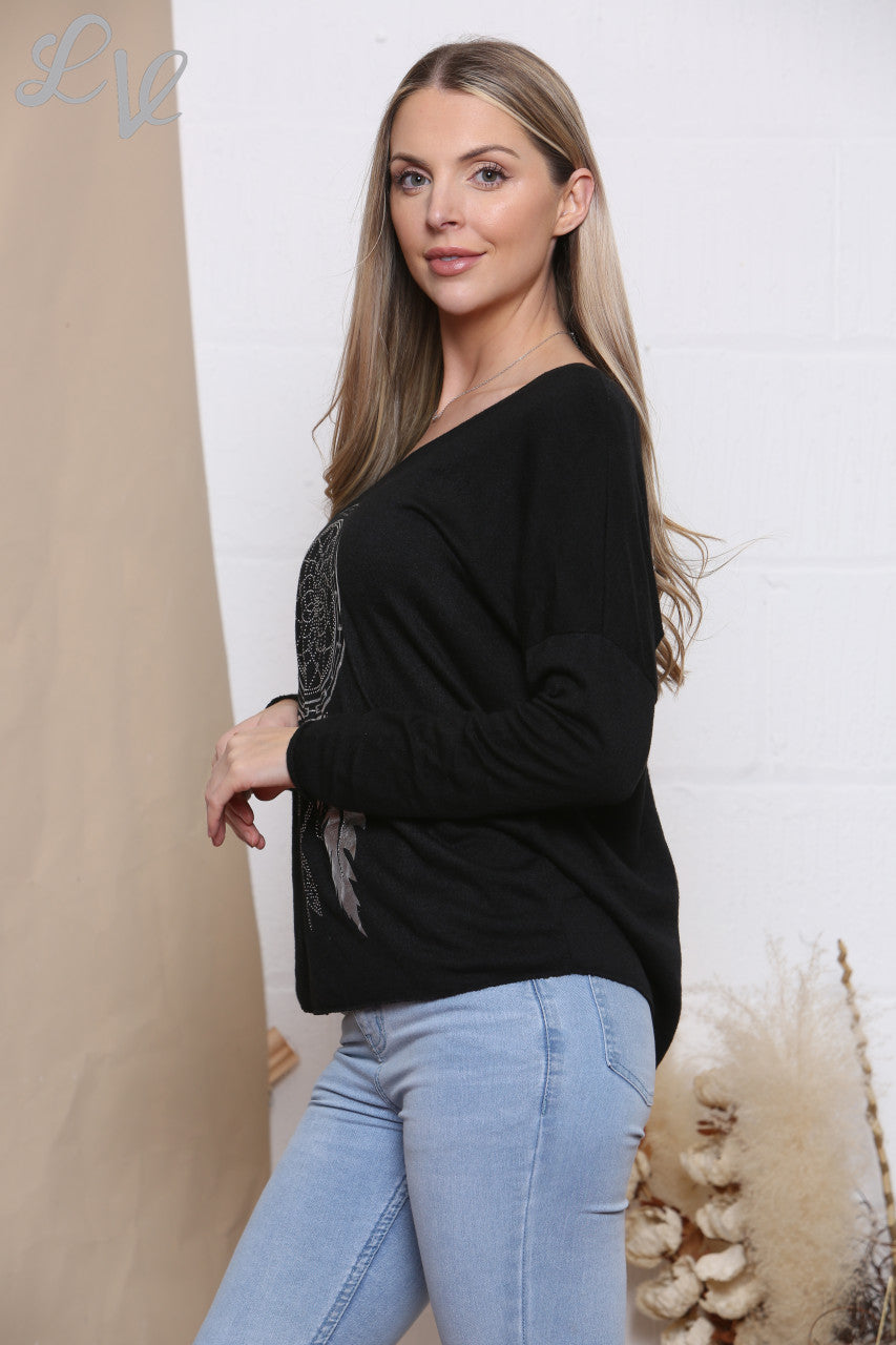 Ladies Dream Catcher Foil Print Fine Knit Jumper Top Black