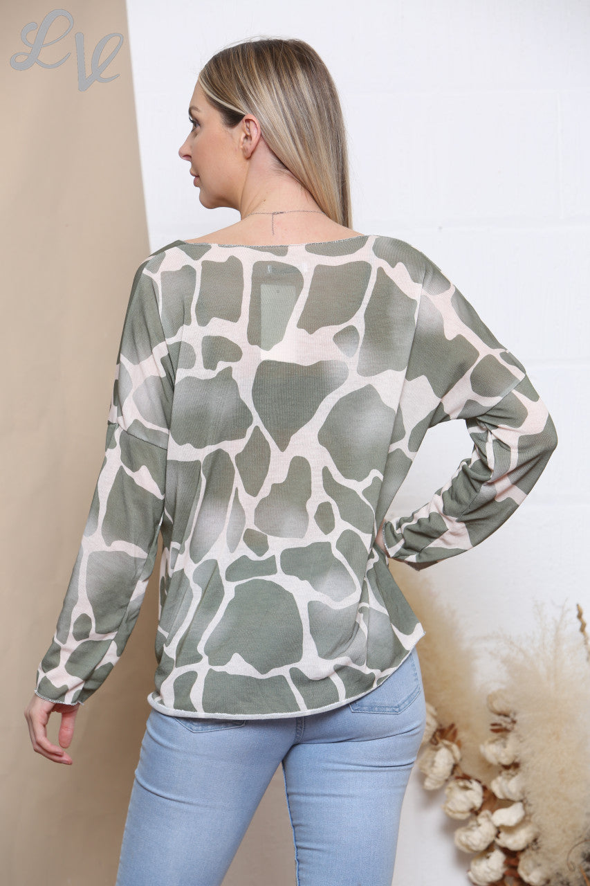 Ladies Giraffe Print Fine Knit Jumper Top Khaki