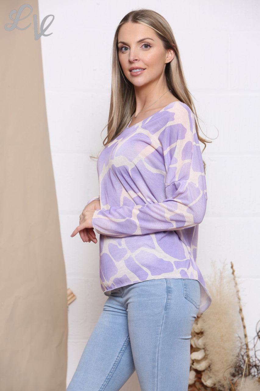 Ladies Giraffe Print Fine Knit Jumper Top Lilac