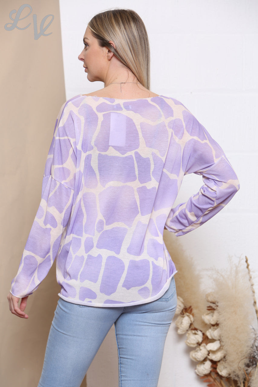 Ladies Giraffe Print Fine Knit Jumper Top Lilac
