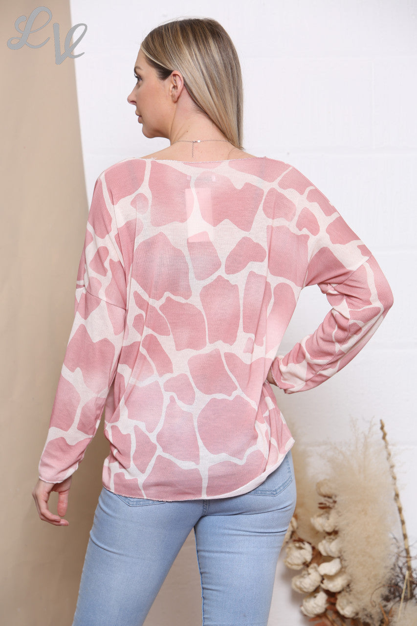 Ladies Giraffe Print Fine Knit Jumper Top Dusty Pink